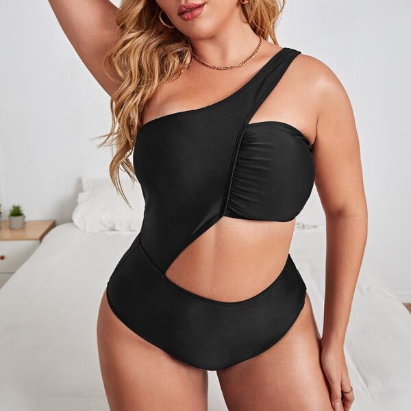 

Plus Cut Out One Shoulder One Piece Swimsuit, Black