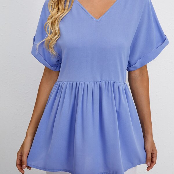 

Solid Roll Sleeve Smock Blouse, Blue