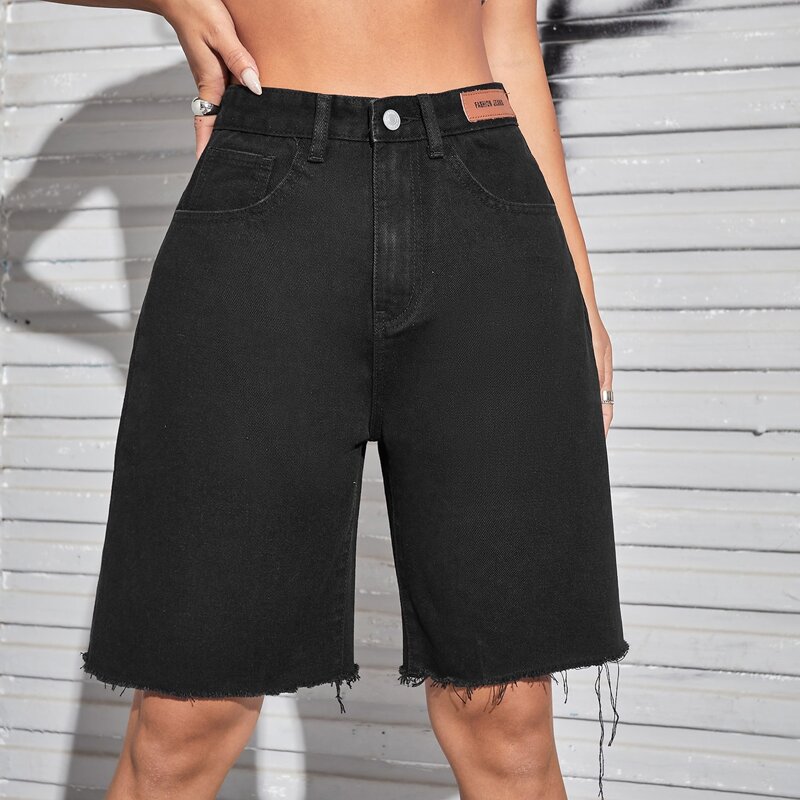 

High Waist Raw Hem Bermuda Denim Shorts, Black