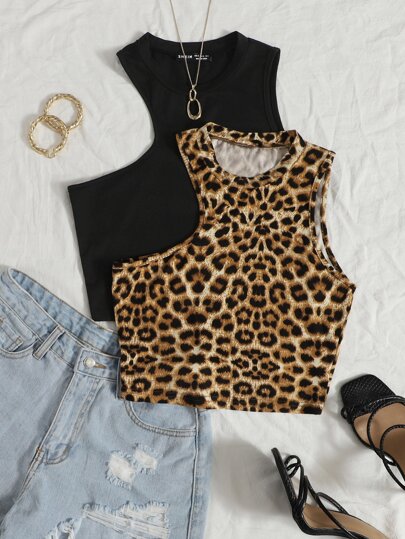 2pcsSolid&LeopardPrintAsymmetricalNeckTankTop - Top SHEIN