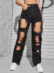 SHEIN ICON Quần jean Nút Túi Bị tách Dây kéo màu trơn - màu đen - Xem 1