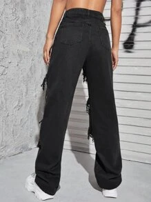 SHEIN ICON Quần jean Nút Túi Bị tách Dây kéo màu trơn - màu đen - Xem 2