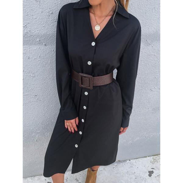 

Button Front V-Neck Shirt Dress, Black
