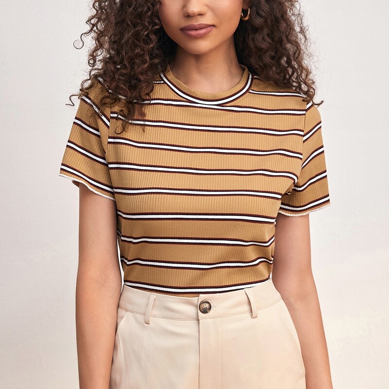 

Striped Ribbed Short Sleeve Tee, Khaki