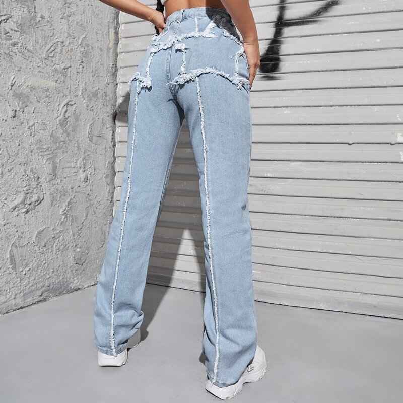 

High Waist Raw Trim Wide Leg Jeans, Light wash