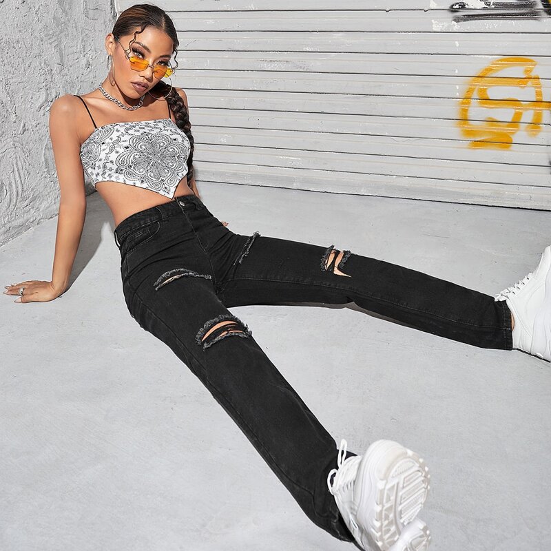 

Ripped Raw Cut High Waist Straight Jeans, Black