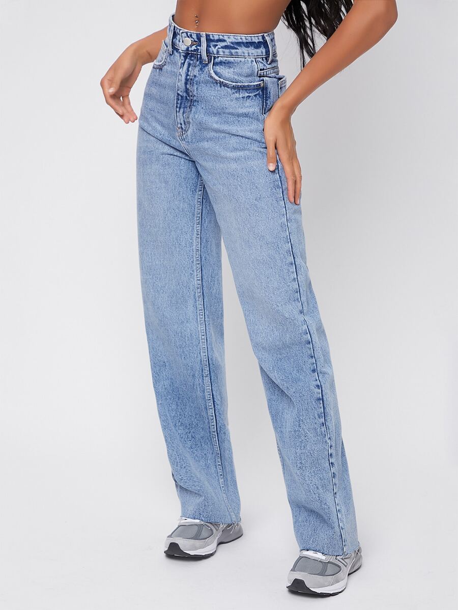 SHEIN Jeans boyfriend bajo crudo con lavado ligero