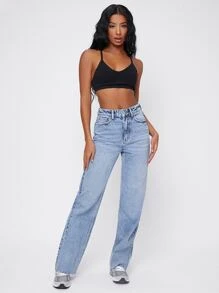 SHEIN Jeans boyfriend bajo crudo con lavado ligero