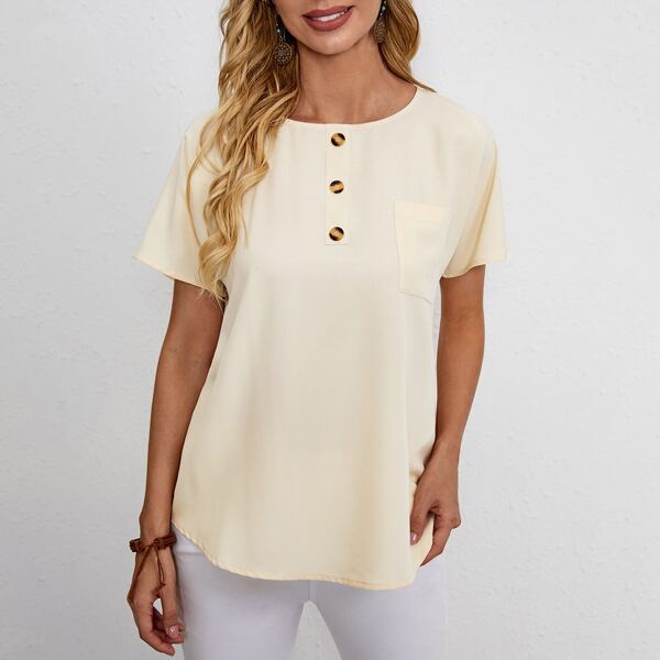 

Button Detail Pocket Solid Blouse, Beige