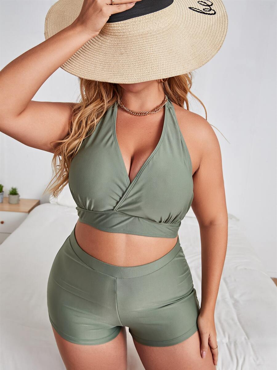 Plus Size Solid Halter Shorts Bikini Set Summer Beach - Army Green - View 1