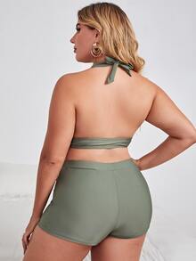 Plus Size Solid Halter Shorts Bikini Set Summer Beach - Army Green - View 2