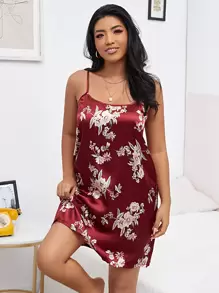Plus Satin Floral Print Cami Night Dress - Burgundy - View 1
