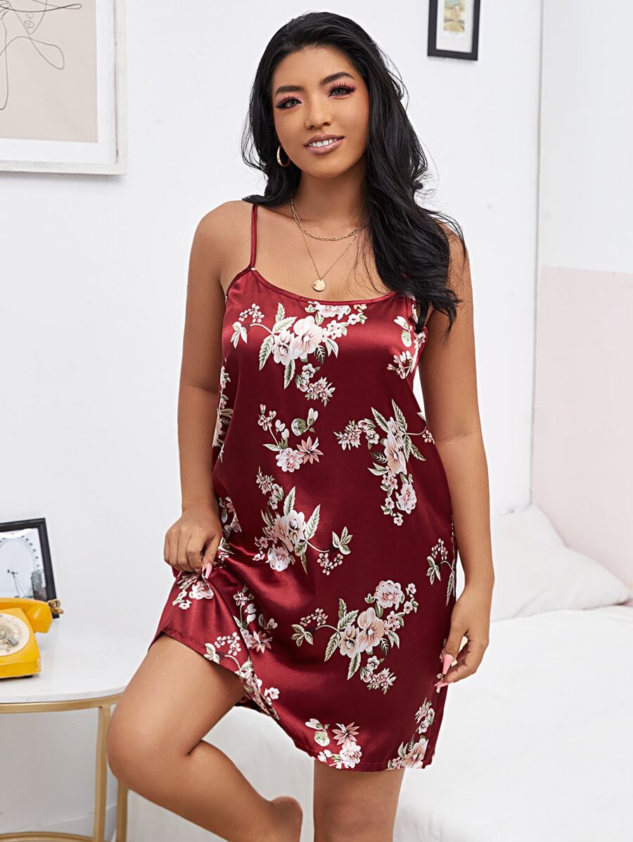 Plus Satin Floral Print Cami Night Dress - Burgundy - View 1
