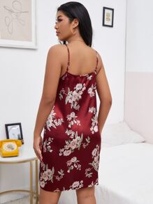 Plus Satin Floral Print Cami Night Dress - Burgundy - View 2