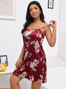 Plus Satin Floral Print Cami Night Dress - Burgundy - View 3