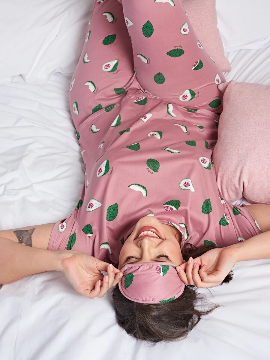 Conjunto de pijama con estampado de fruta con cubierta de ojo - Rosa vieja - Ver 1