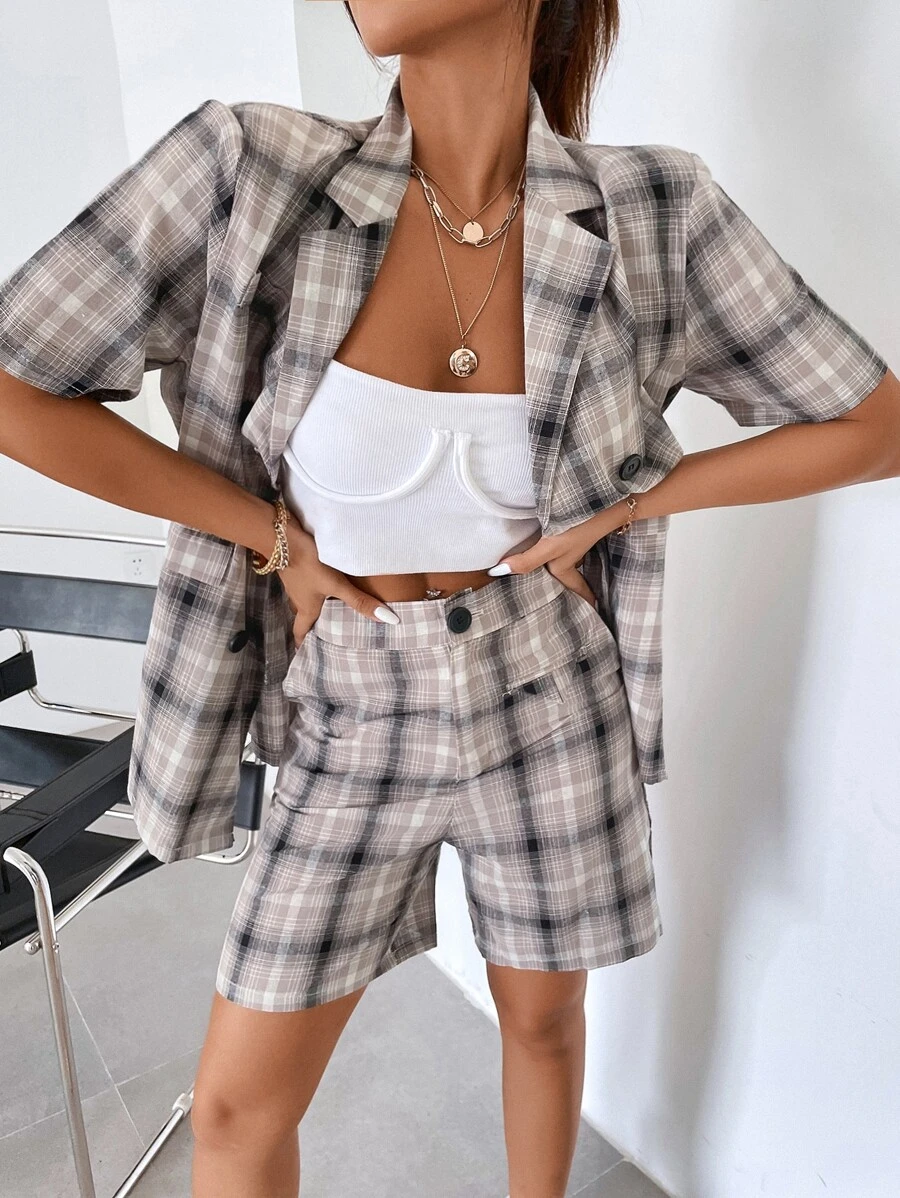 Double Button Flap Detail Plaid Blazer - Multicolor - View 1