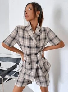 Double Button Flap Detail Plaid Blazer - Multicolor - View 3