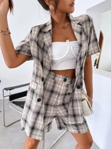 Double Button Flap Detail Plaid Blazer - Multicolor - View 5