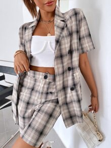 Double Button Flap Detail Plaid Blazer - Multicolor - View 6