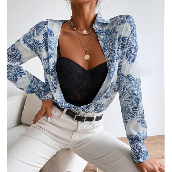 

Colorblock Button Up Blouse, Blue and white