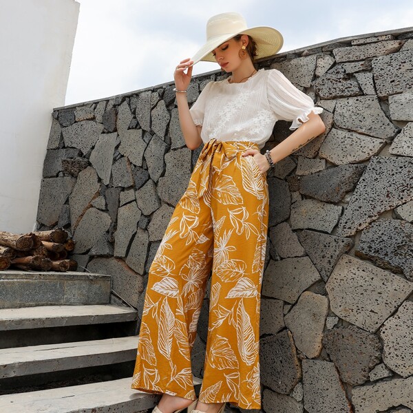 

Leaf Print Wide Leg Pants, Mustard yellow