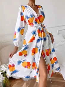 GENKIRA Vestido cruzado con cordón lateral de color combinado - Blanco - Ver 3