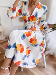 GENKIRA Vestido cruzado con cordón lateral de color combinado - Blanco - Ver 4