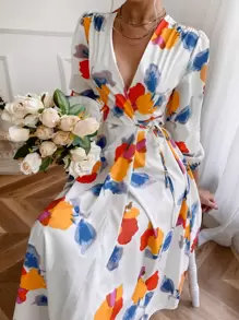 GENKIRA Vestido cruzado con cordón lateral de color combinado - Blanco - Ver 5