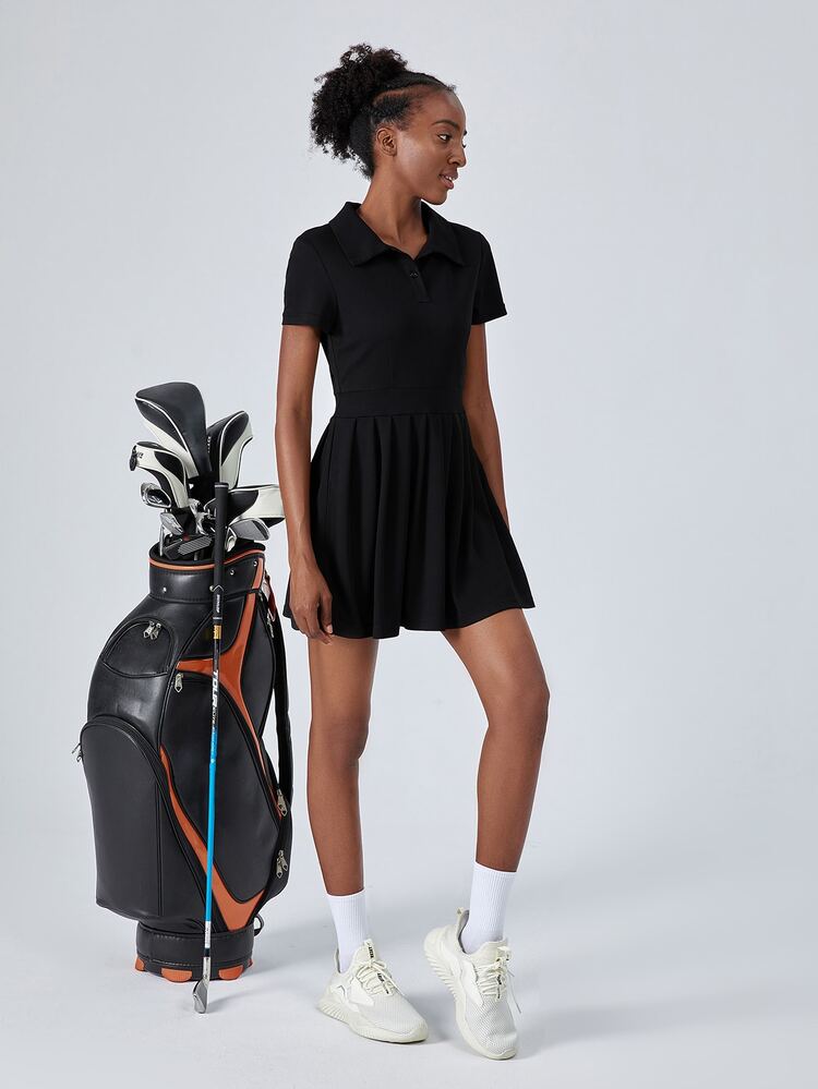 SHEIN Golf Polo Neck Pleated Hem Sports Dress - Black - View 3