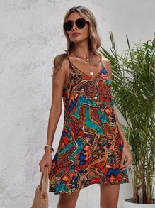 SHEIN VCAY Graphic Print V-Neck A Line Cami Dress - Multicolor - View 4