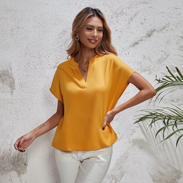 

Solid Notch Neck Blouse, Yellow