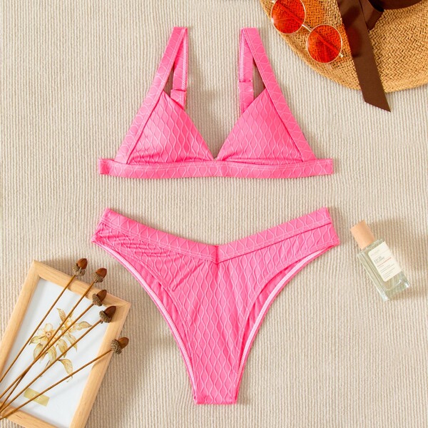 

Textured Triangle Bikini Swimsuit, Pink