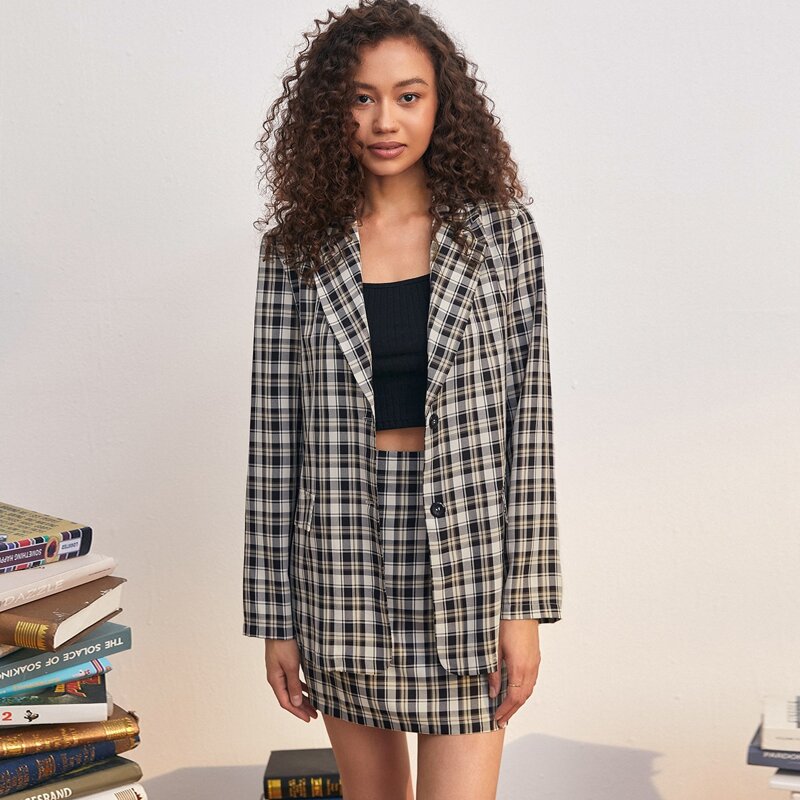 

Plaid Lapel Neck Single Breasted Blazer & Skirt, Multicolor