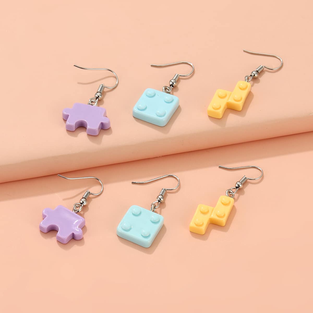 

3pairs Jigsaw Drop Earrings, Multicolor