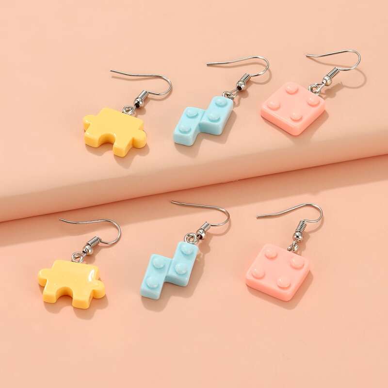 

3pairs Jigsaw Charm Earrings, Multicolor