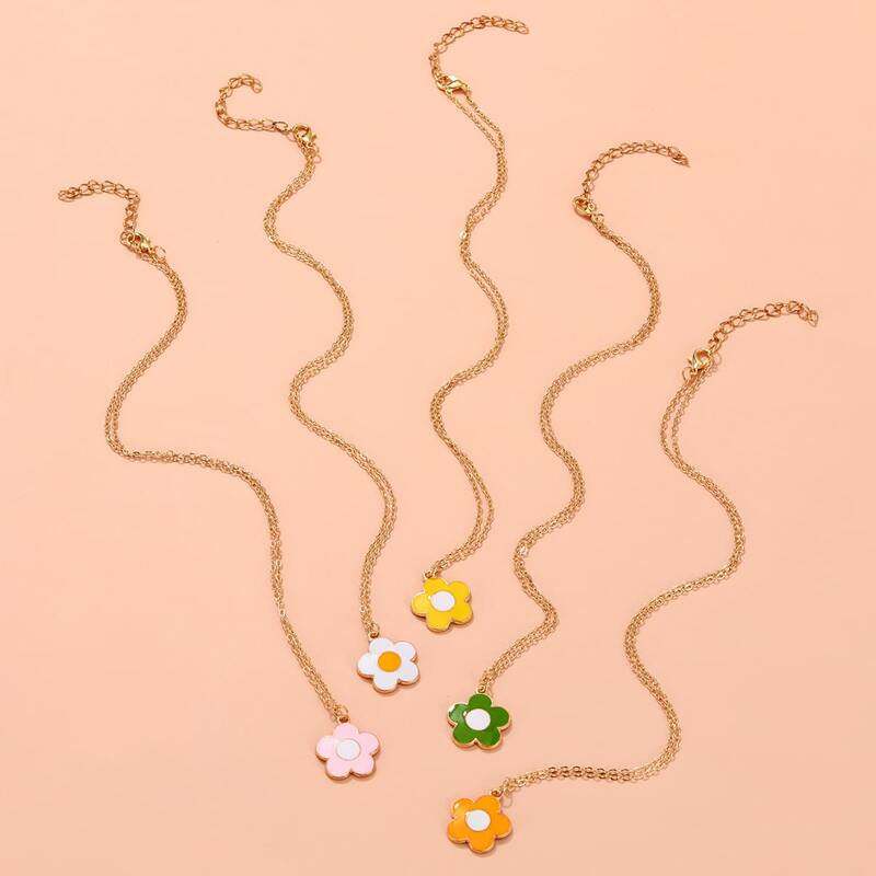 

5pcs Floral Pendant Chain Necklace, Multicolor