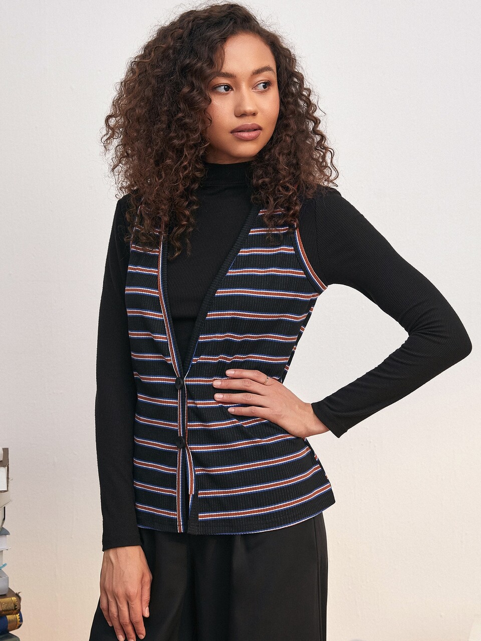 Striped And Ribbed Button Through Tank Top