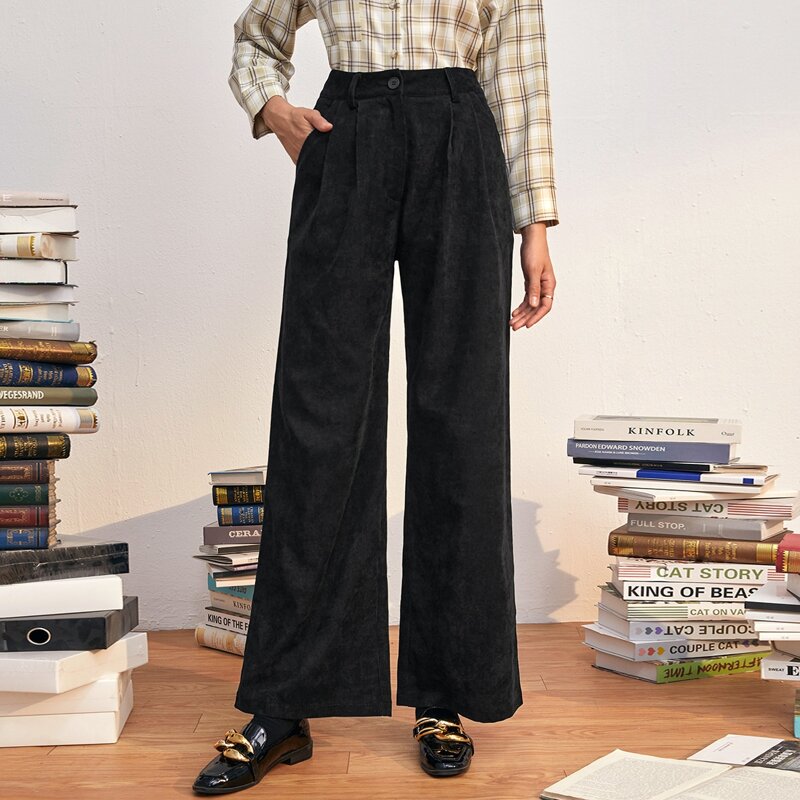 

Solid Slant Pocket Plicated Wide Leg Pants, Black