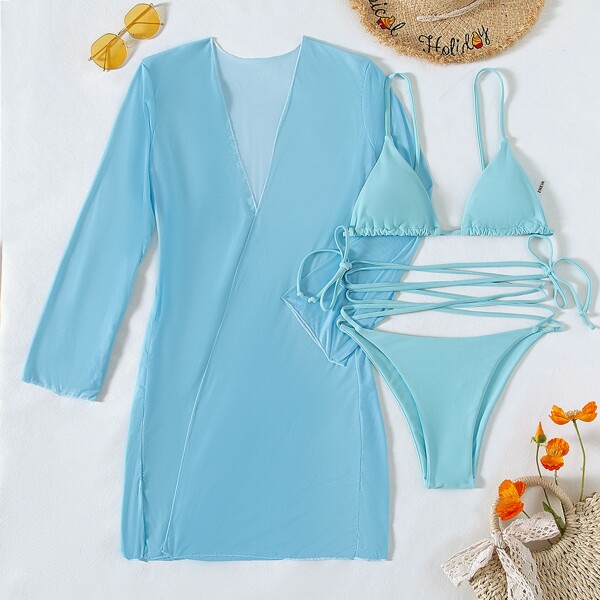 

3pack Triangle Thong Bikini Swimsuit & Kimono, Baby blue