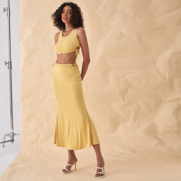 

Solid Drawstring Crop Tank Top & Skirt, Yellow