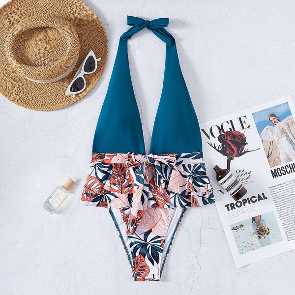 

Tropical Ruffle Plunging One Piece Swimsuit, Multicolor