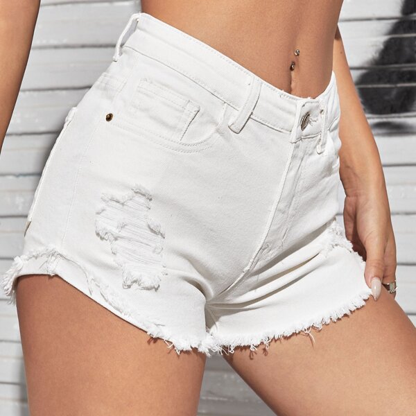 

Raw Hem Ripped Denim Shorts, White