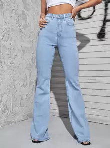 SHEIN ICON 高腰圖案車縫傘狀腿牛仔褲 - 淺色水洗藍 - 查看 2