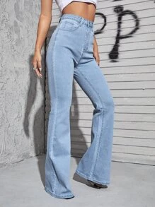 SHEIN ICON 高腰圖案車縫傘狀腿牛仔褲 - 淺色水洗藍 - 查看 3