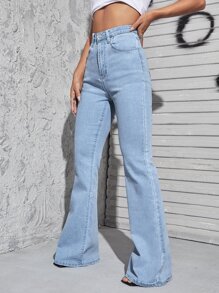 SHEIN ICON 高腰圖案車縫傘狀腿牛仔褲 - 淺色水洗藍 - 查看 5