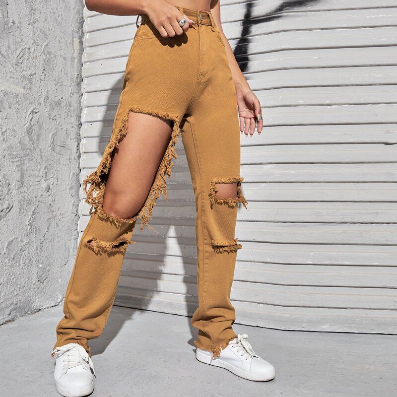 

High Waist Ripped Straight Jeans, Ginger