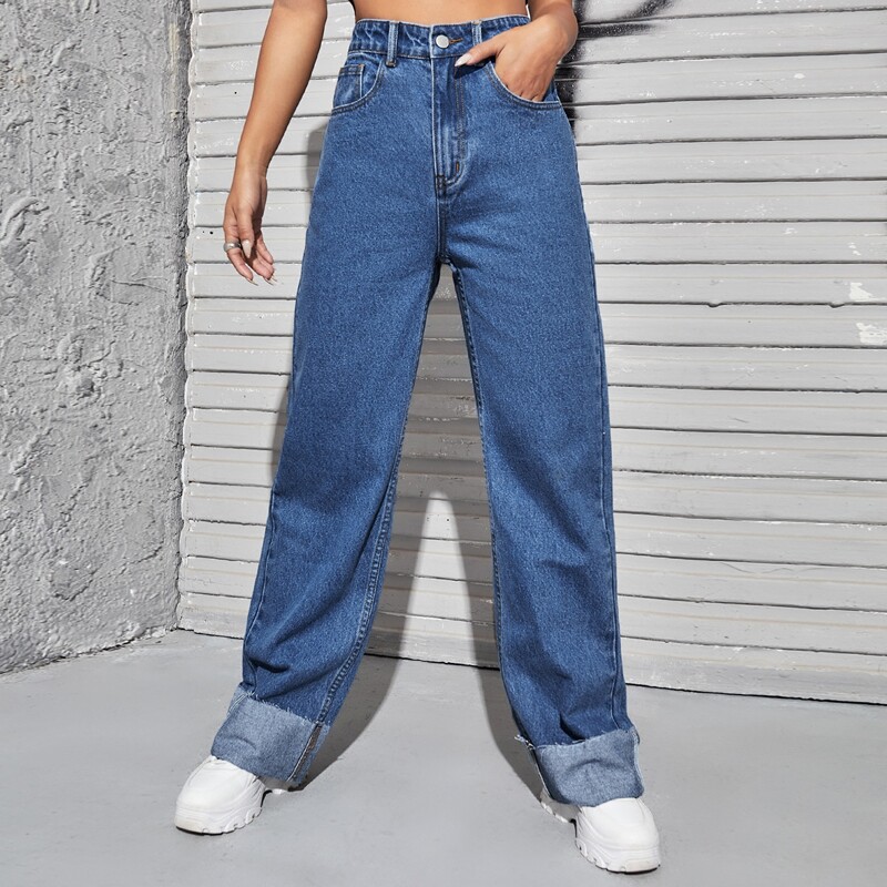 

Roll Hem High Waist Straight Jeans, Medium wash