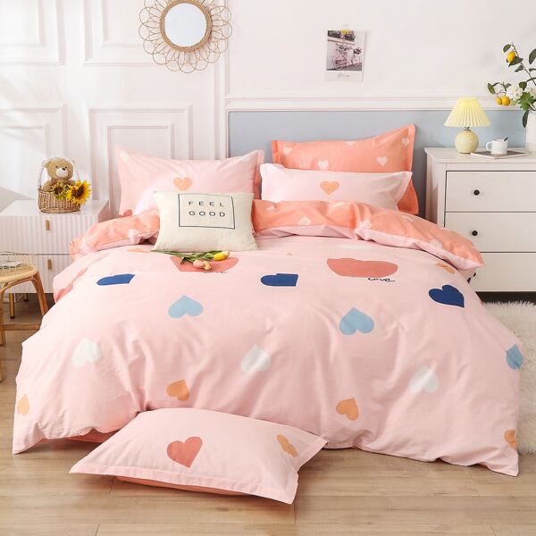 

Kids Heart Print Duvet Cover Set Without Filler, Pink