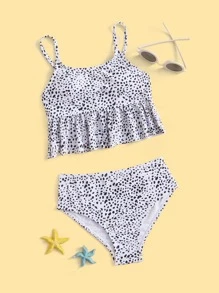 Conjunto de bikini con volantes en el dobladillo estampado dálmata para niña preadolescente, para verano y playa - Blanco y Negro - Ver 1